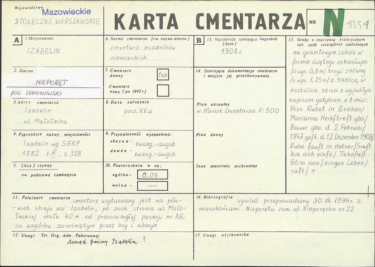 KC - Karta cmentarza, skan nr 1