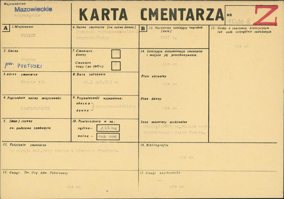 KC - Karta cmentarza, skan nr 1