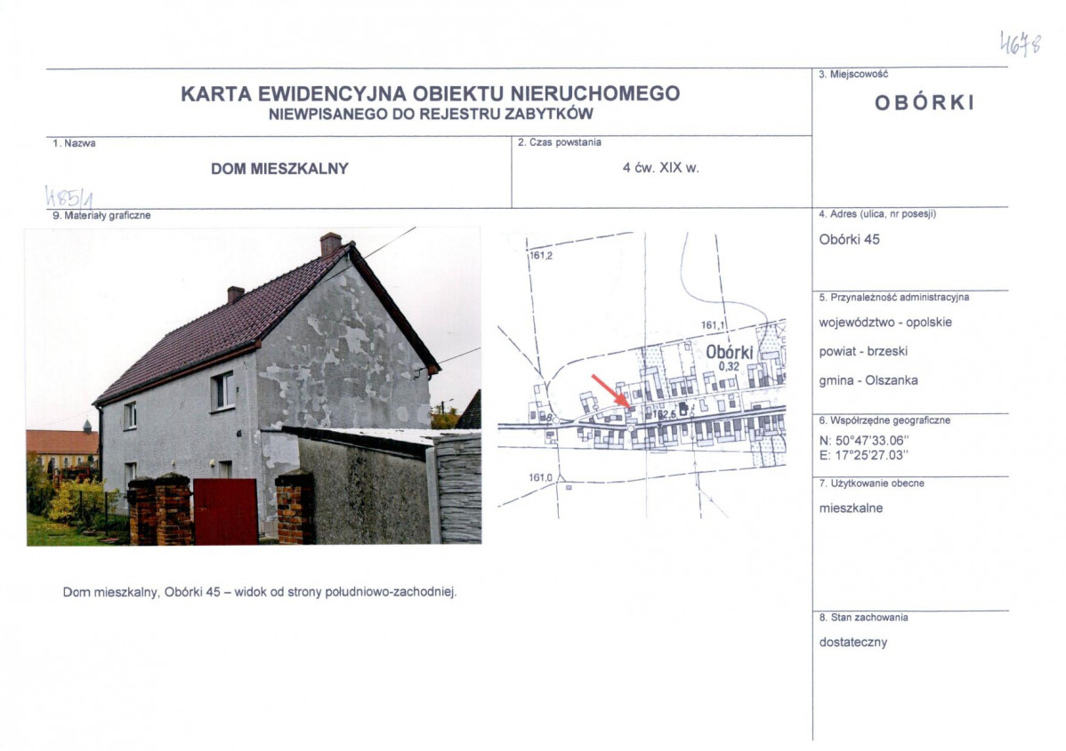 Karta obiektu niewpisanego do rejestru, skan nr 1
