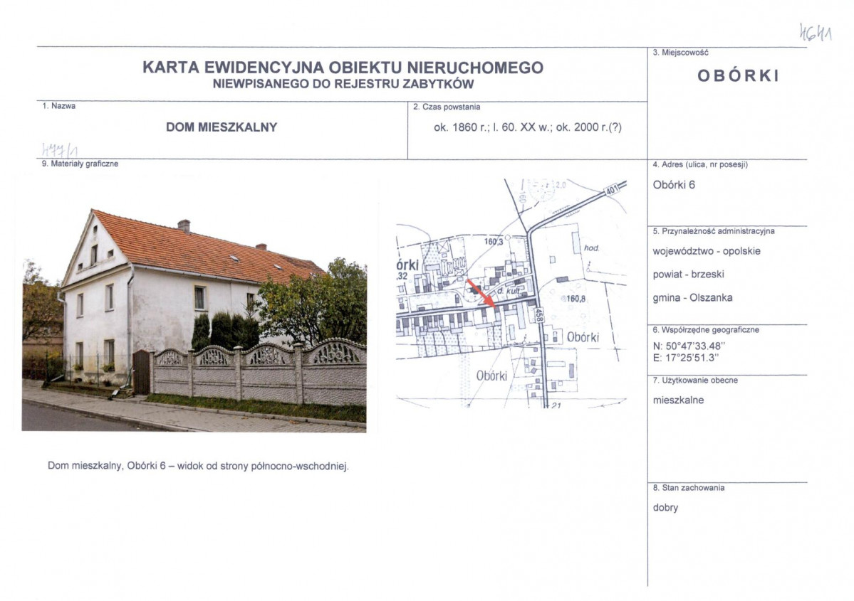 Karta obiektu niewpisanego do rejestru, skan nr 1