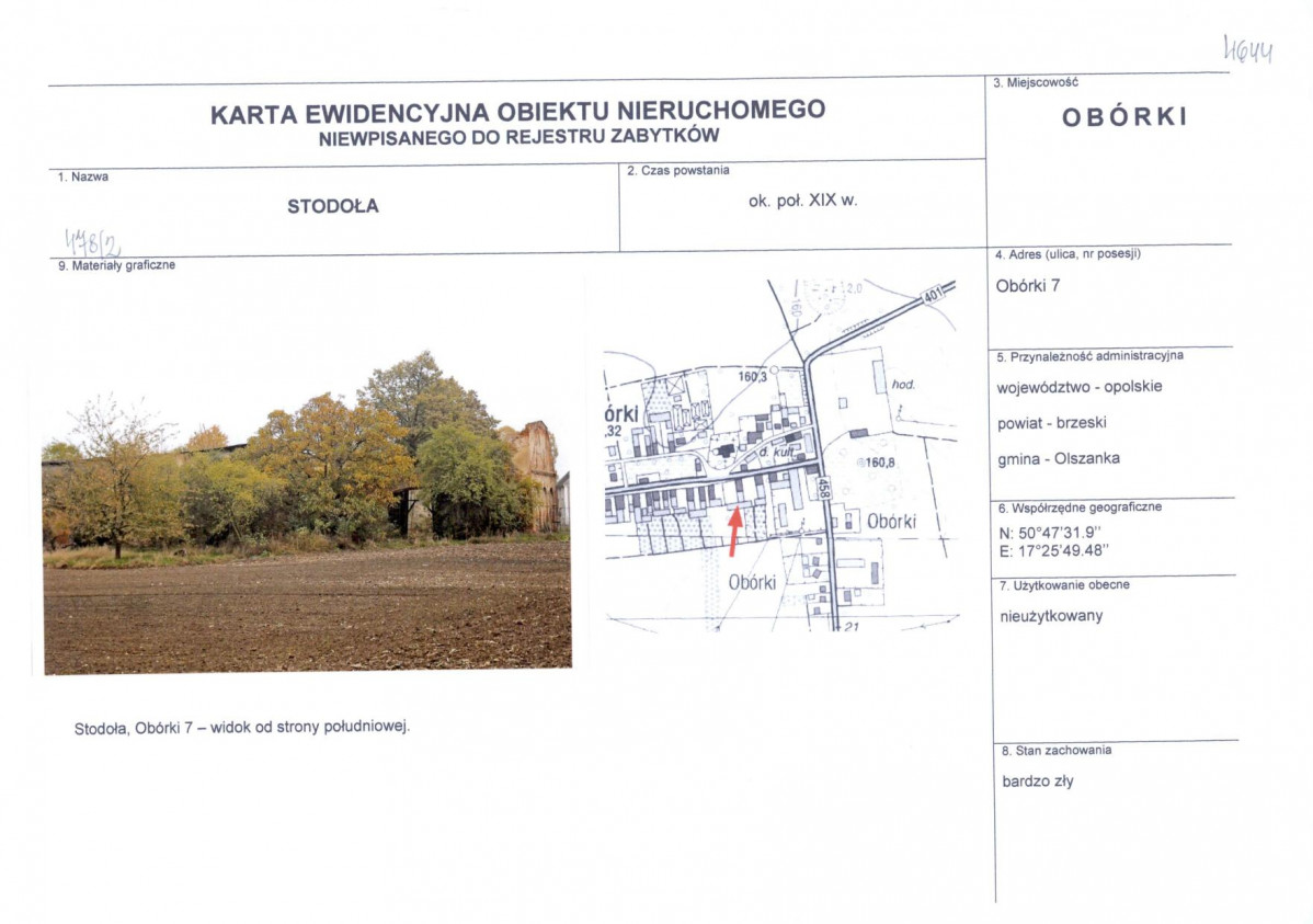 Karta obiektu niewpisanego do rejestru, skan nr 1