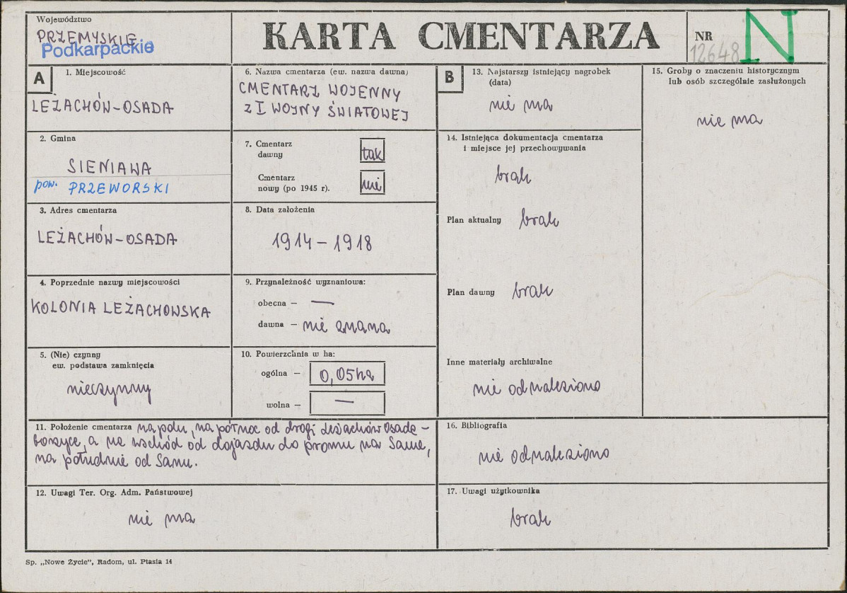KC - Karta cmentarza, skan nr 1