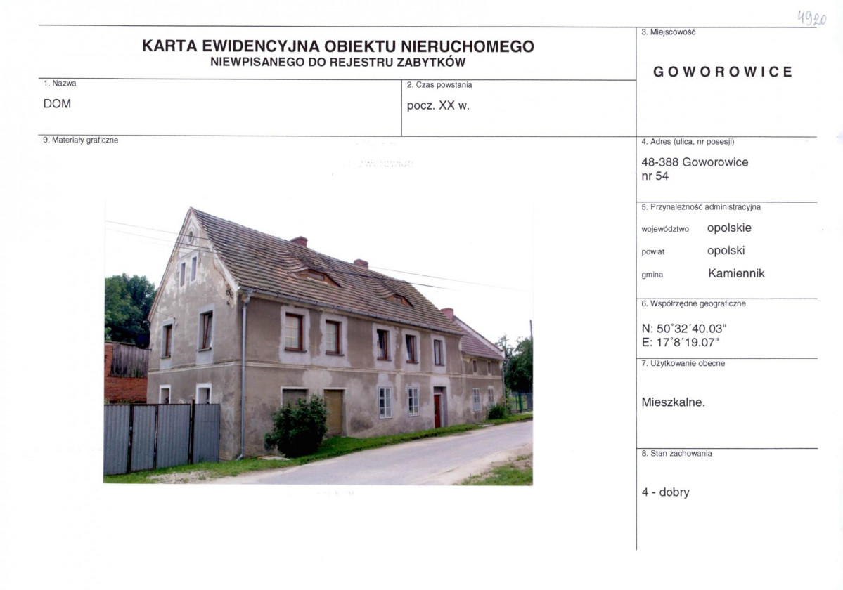 Karta obiektu niewpisanego do rejestru, skan nr 1