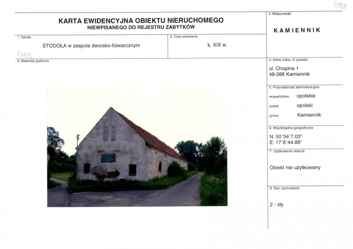 Karta obiektu niewpisanego do rejestru, skan nr 1