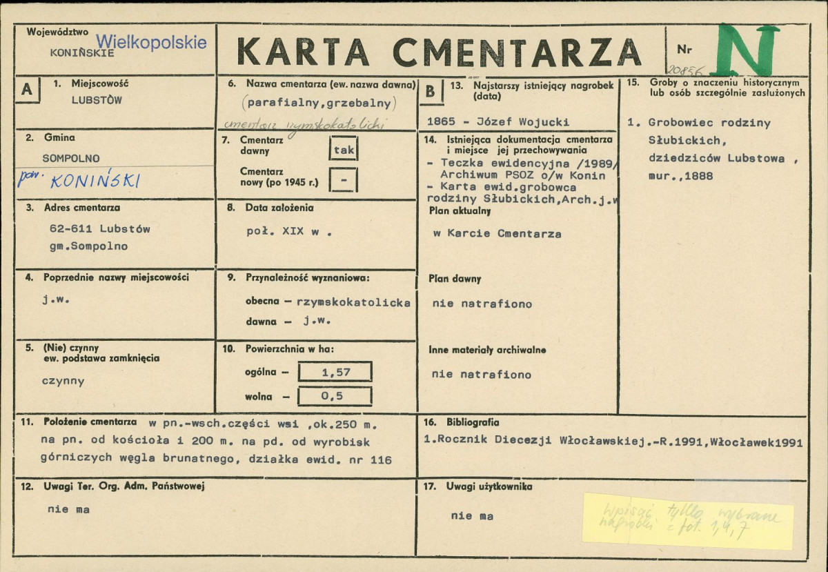 KC - Karta cmentarza, skan nr 1