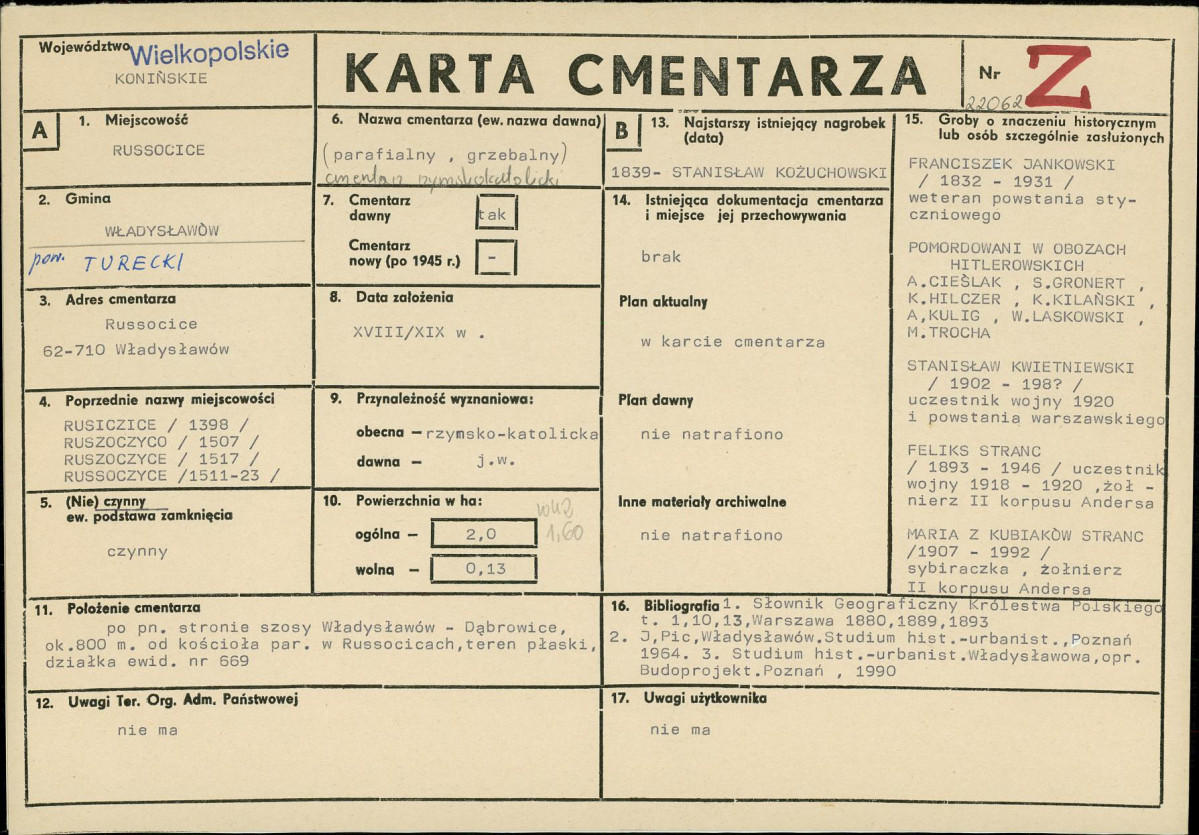 KC - Karta cmentarza, skan nr 1