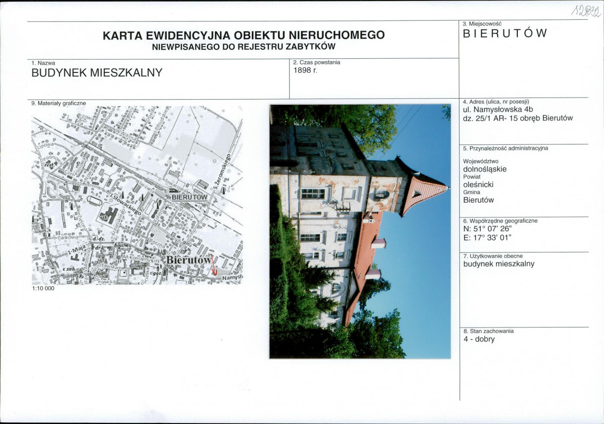 Karta obiektu niewpisanego do rejestru, skan nr 1