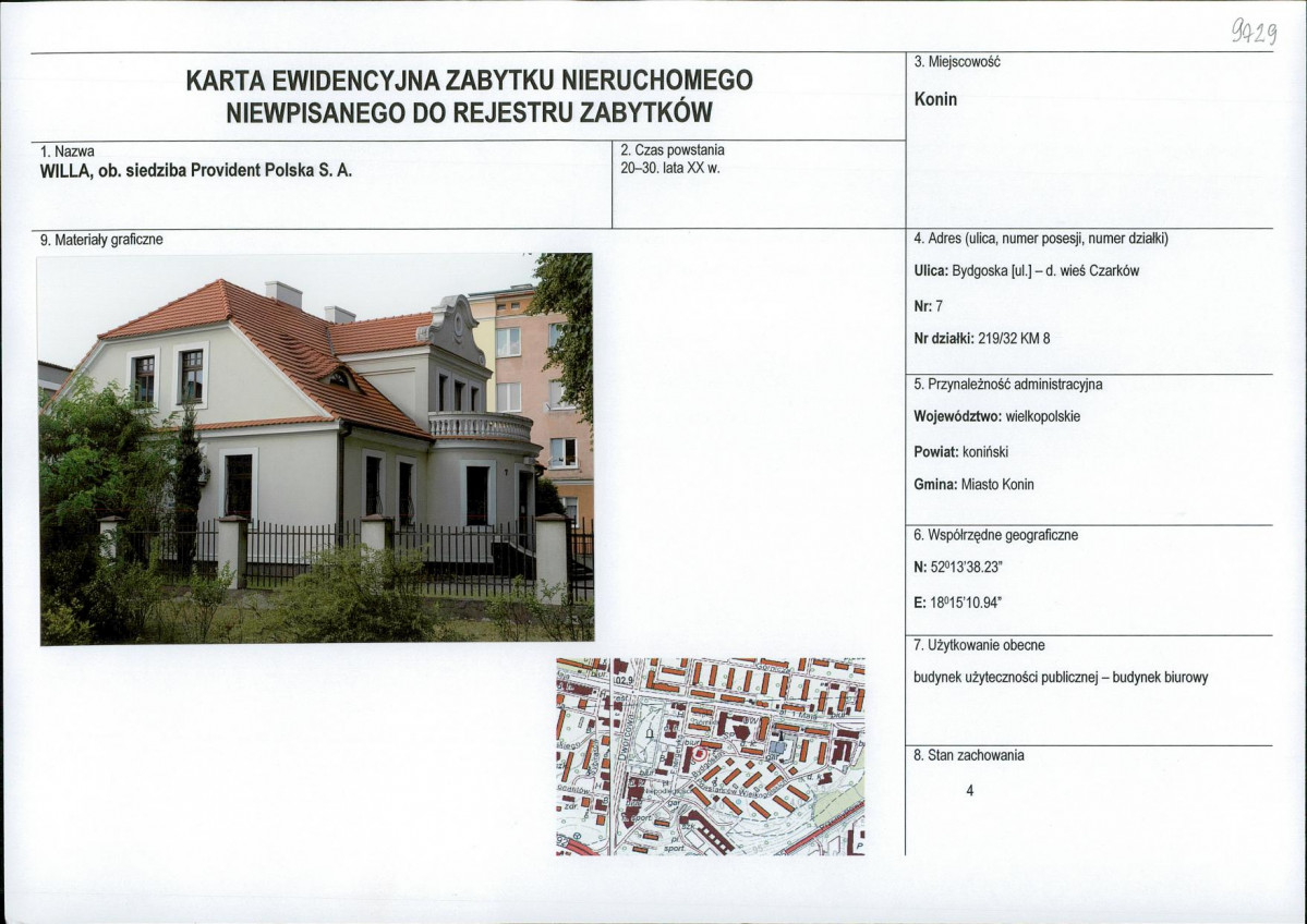Karta obiektu niewpisanego do rejestru, skan nr 1