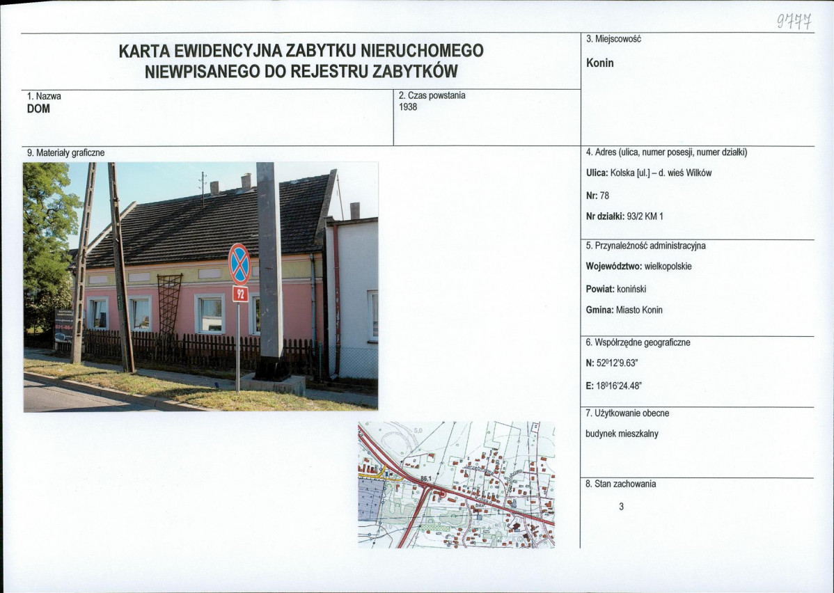 Karta obiektu niewpisanego do rejestru, skan nr 1