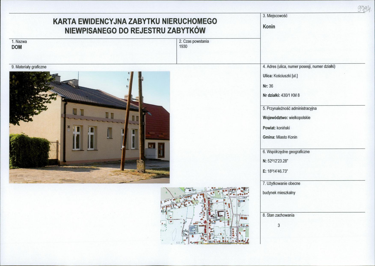 Karta obiektu niewpisanego do rejestru, skan nr 1