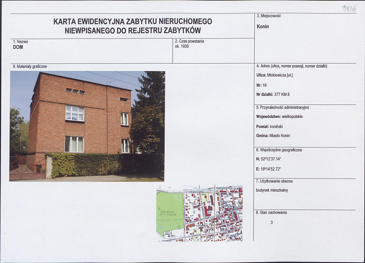 Karta obiektu niewpisanego do rejestru, skan nr 1