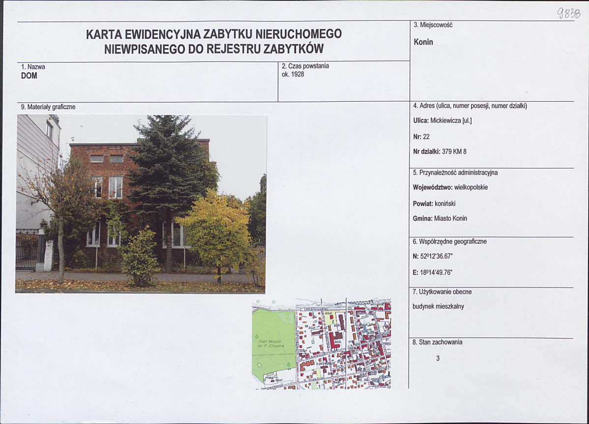 Karta obiektu niewpisanego do rejestru, skan nr 1