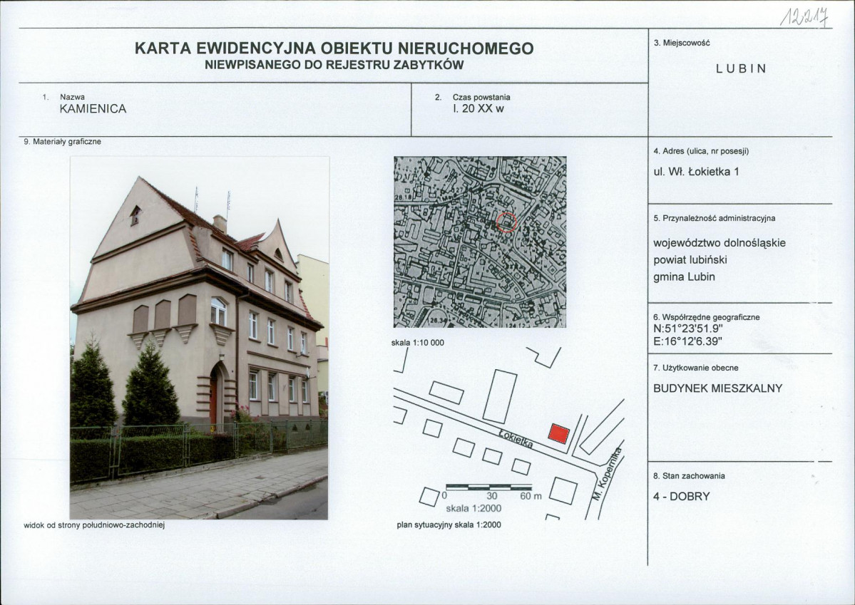 Karta obiektu niewpisanego do rejestru, skan nr 1
