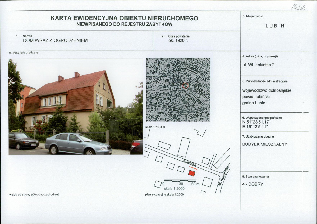Karta obiektu niewpisanego do rejestru, skan nr 1