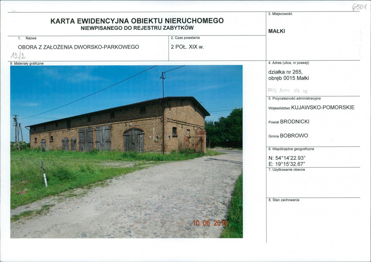 Karta obiektu niewpisanego do rejestru, skan nr 1