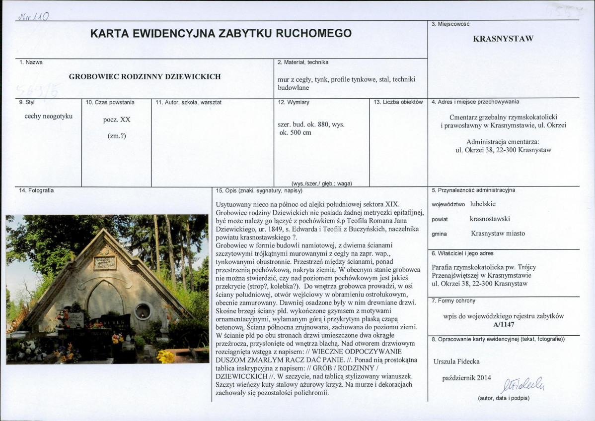 Karta obiektu niewpisanego do rejestru, skan nr 1
