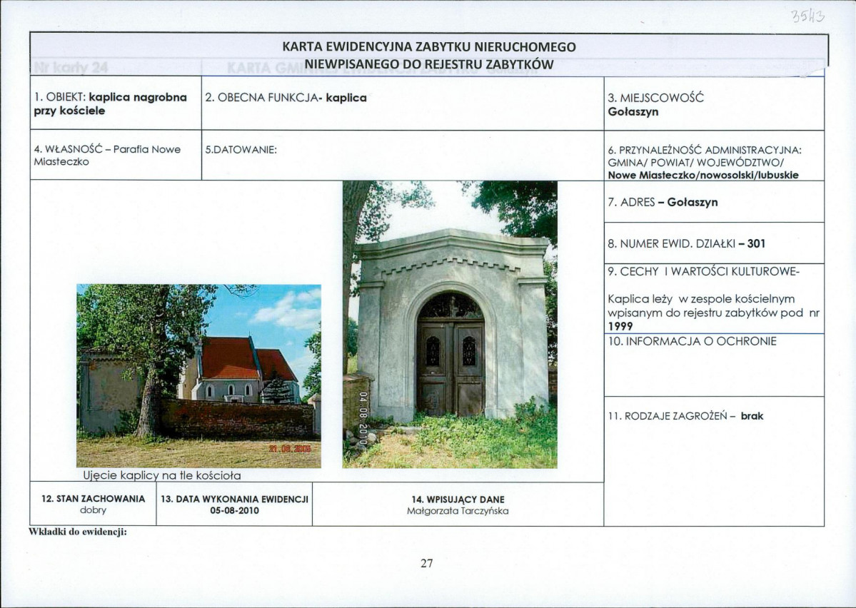 Karta obiektu niewpisanego do rejestru, skan nr 1