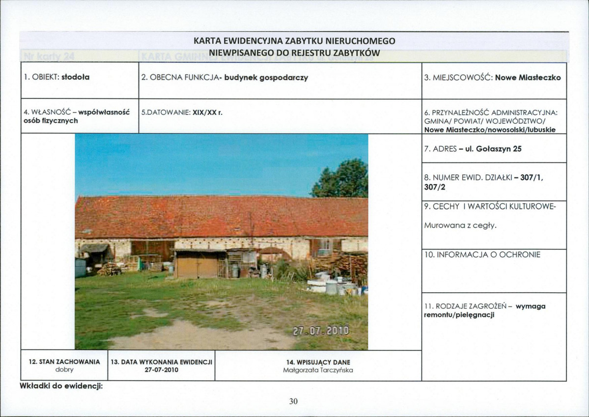 Karta obiektu niewpisanego do rejestru, skan nr 1
