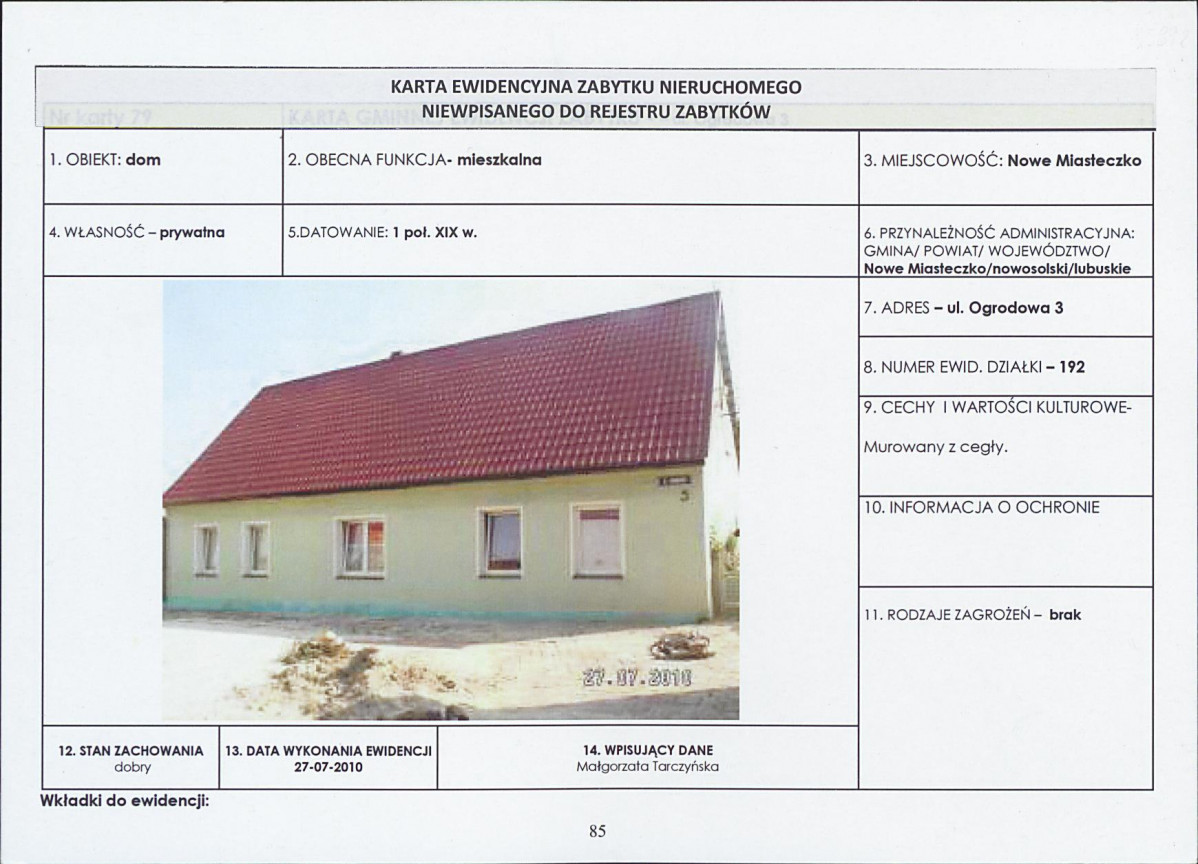 Karta obiektu niewpisanego do rejestru, skan nr 1