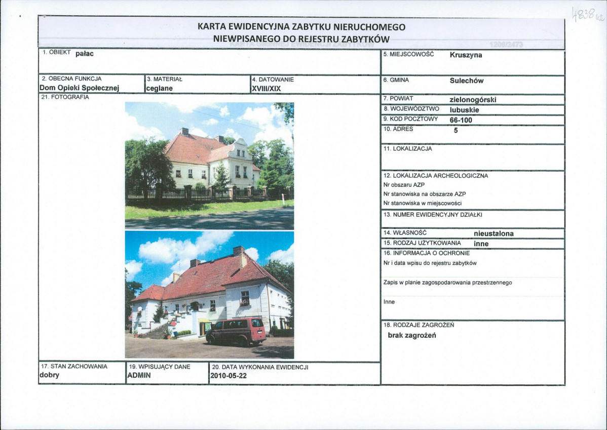 Karta obiektu niewpisanego do rejestru, skan nr 1