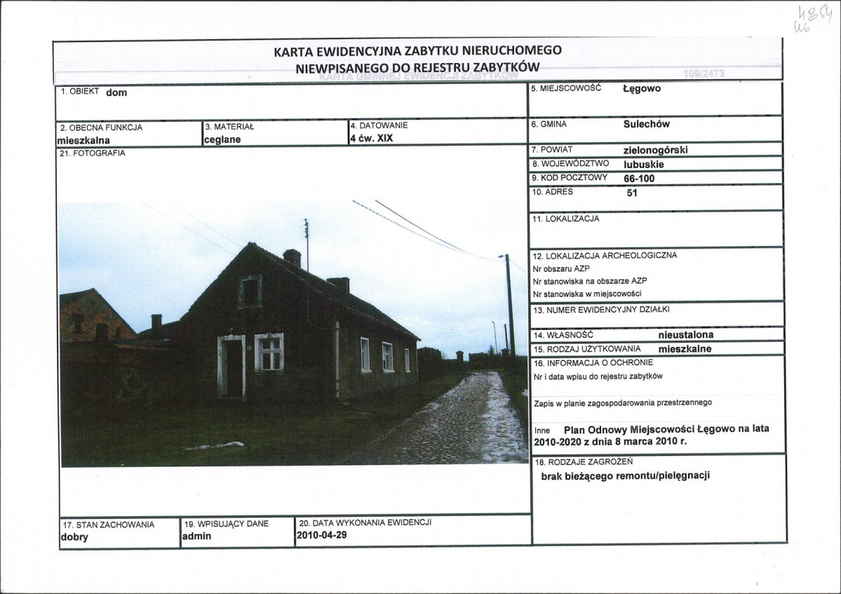 Karta obiektu niewpisanego do rejestru, skan nr 1