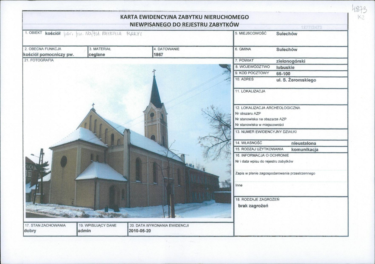 Karta obiektu niewpisanego do rejestru, skan nr 1