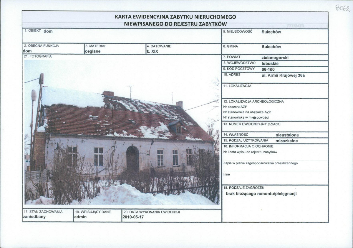 Karta obiektu niewpisanego do rejestru, skan nr 1