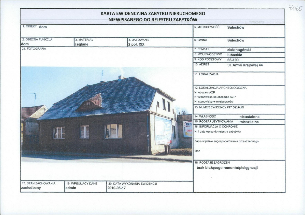 Karta obiektu niewpisanego do rejestru, skan nr 1