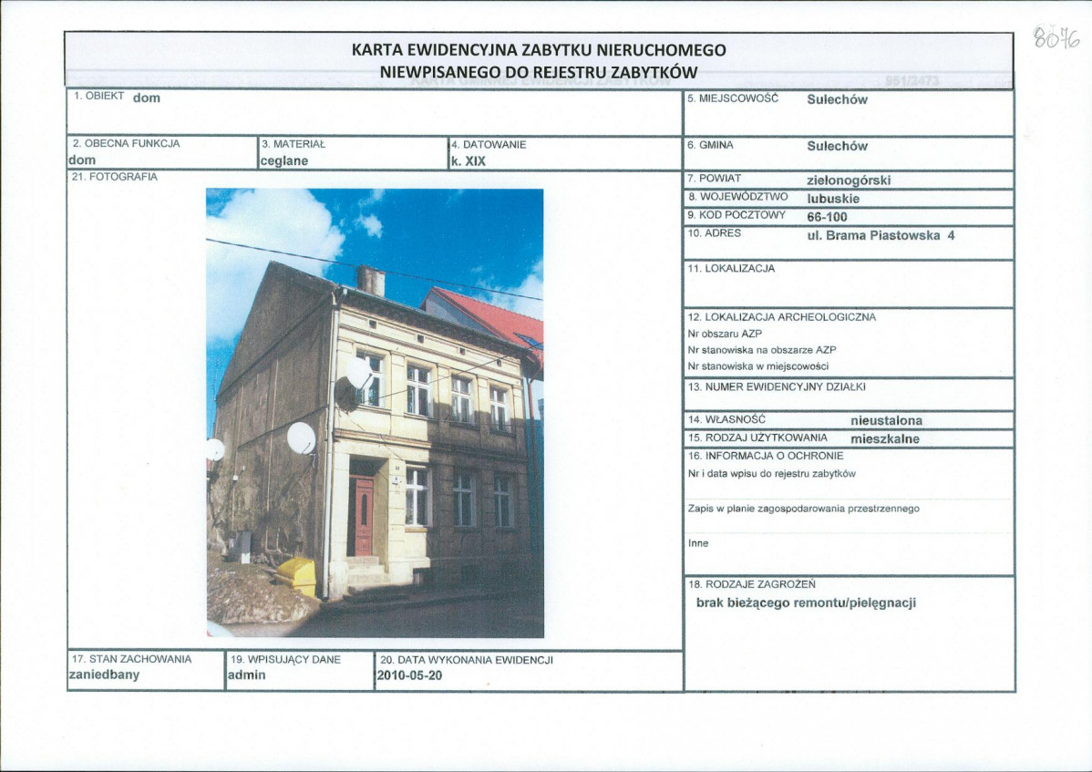 Karta obiektu niewpisanego do rejestru, skan nr 1