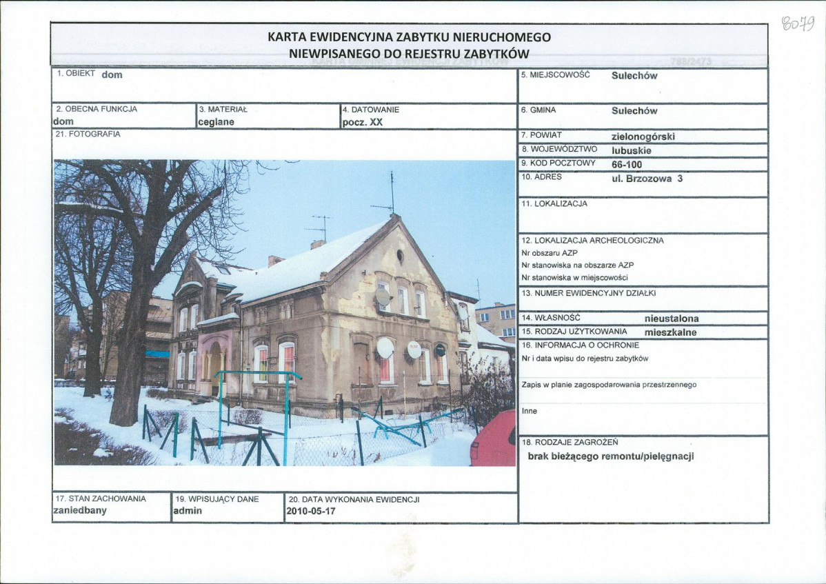 Karta obiektu niewpisanego do rejestru, skan nr 1