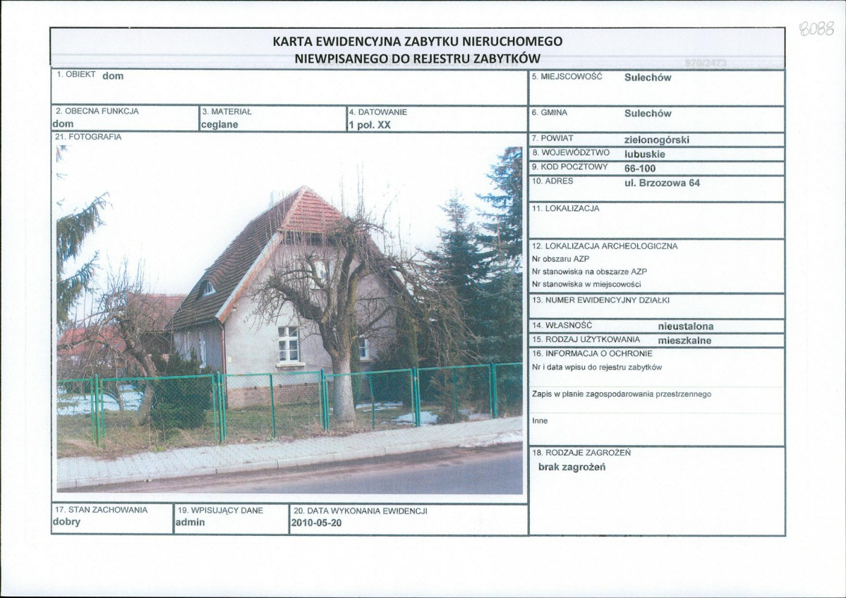 Karta obiektu niewpisanego do rejestru, skan nr 1