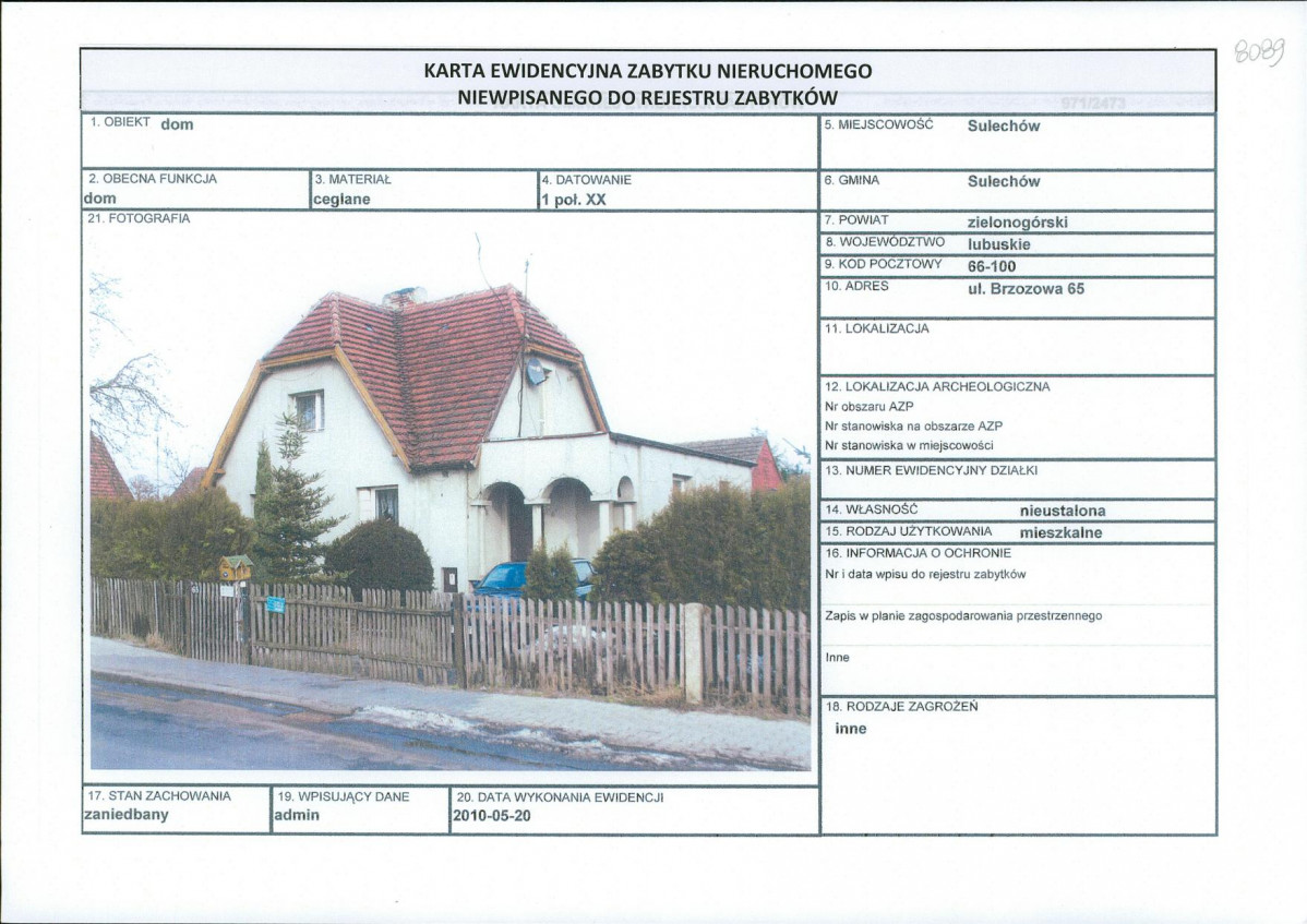 Karta obiektu niewpisanego do rejestru, skan nr 1
