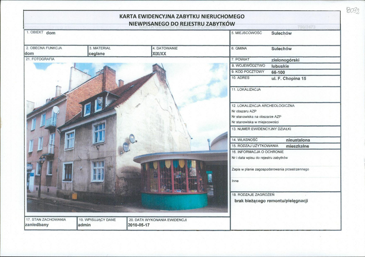 Karta obiektu niewpisanego do rejestru, skan nr 1