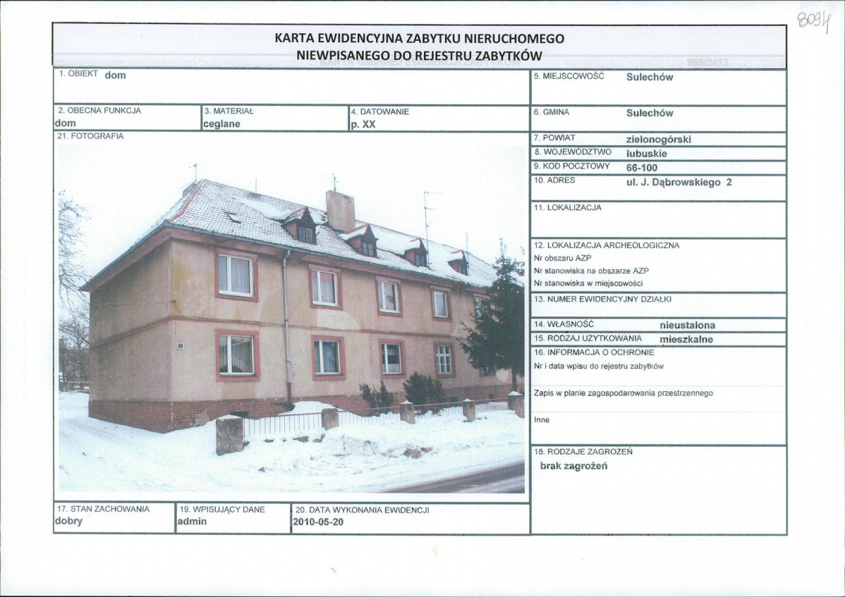 Karta obiektu niewpisanego do rejestru, skan nr 1