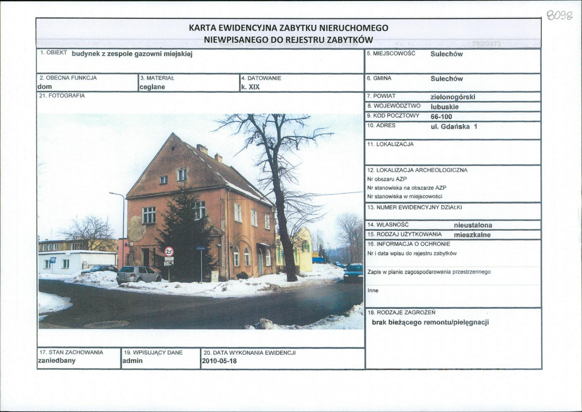 Karta obiektu niewpisanego do rejestru, skan nr 1