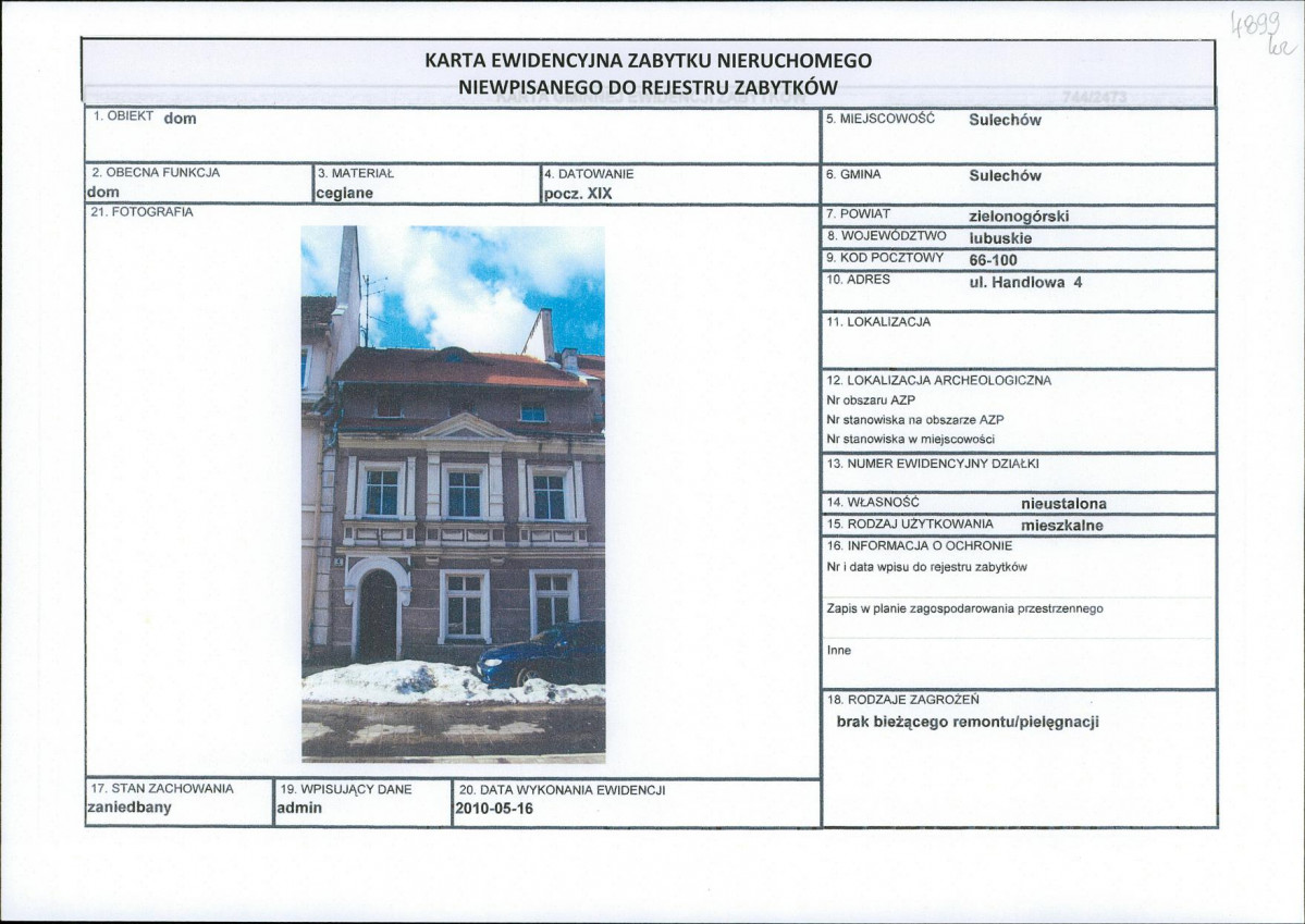 Karta obiektu niewpisanego do rejestru, skan nr 1