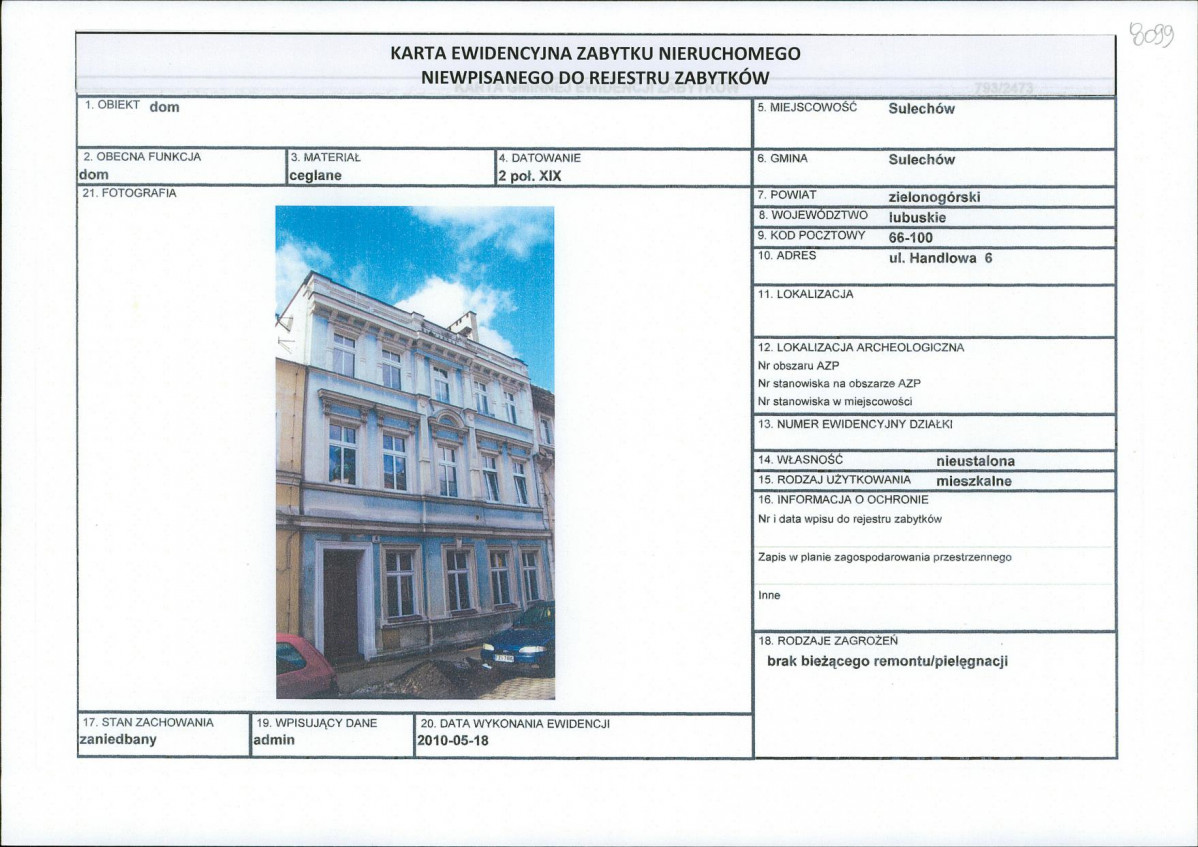 Karta obiektu niewpisanego do rejestru, skan nr 1