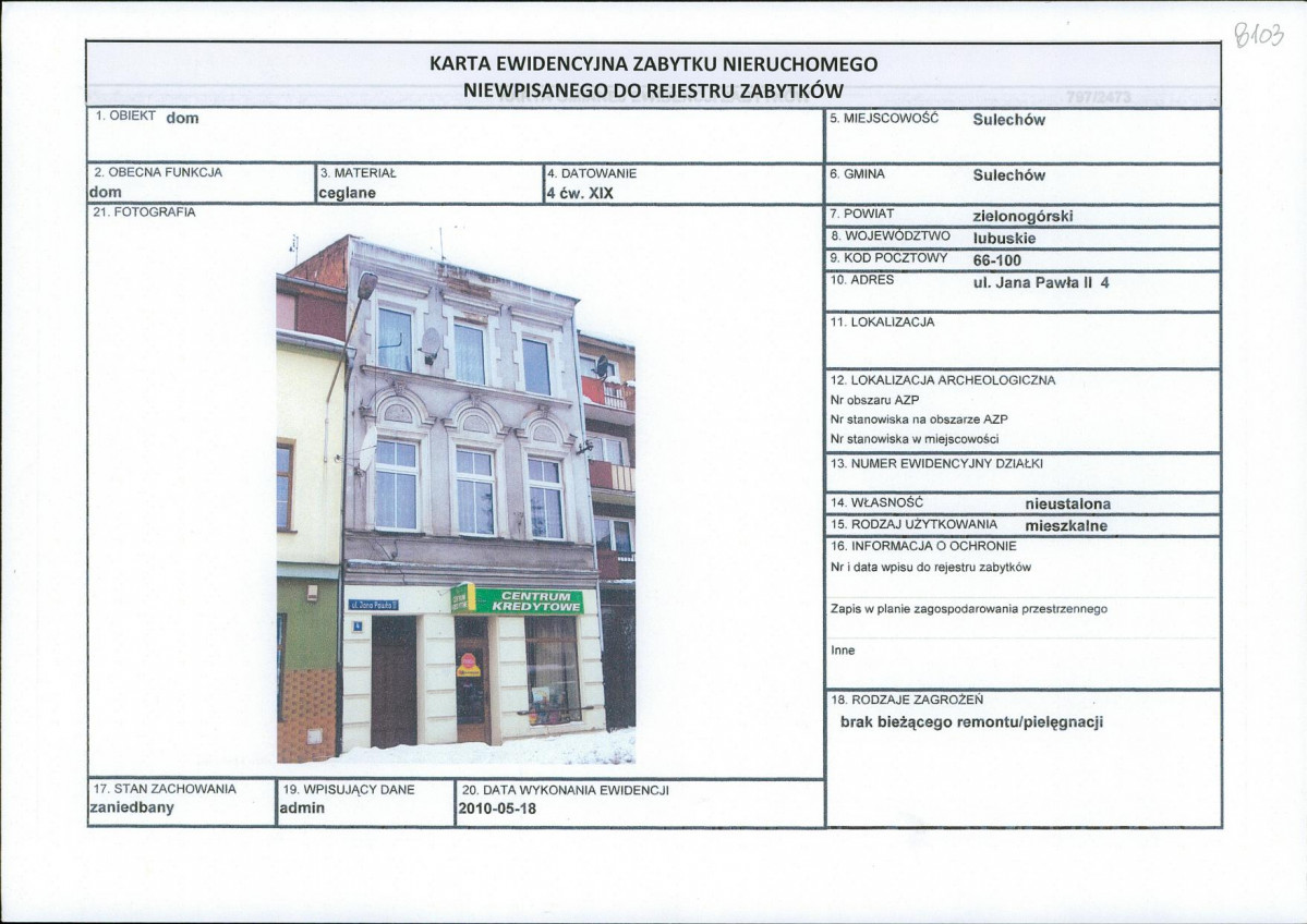 Karta obiektu niewpisanego do rejestru, skan nr 1