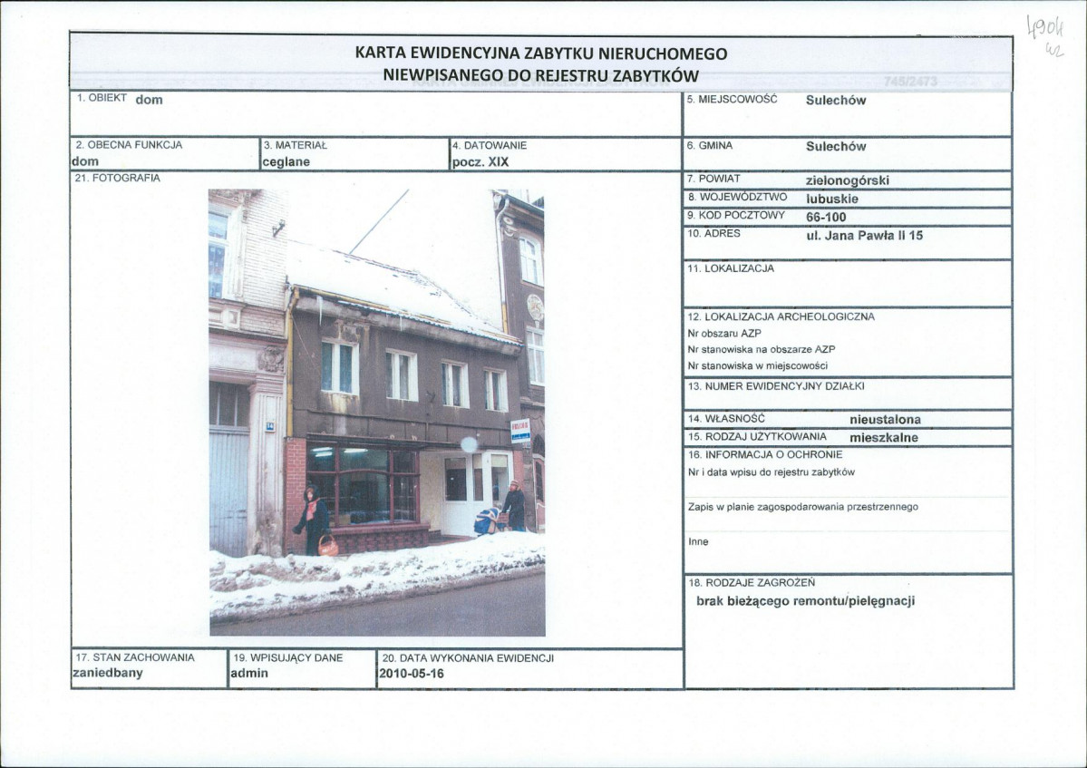 Karta obiektu niewpisanego do rejestru, skan nr 1