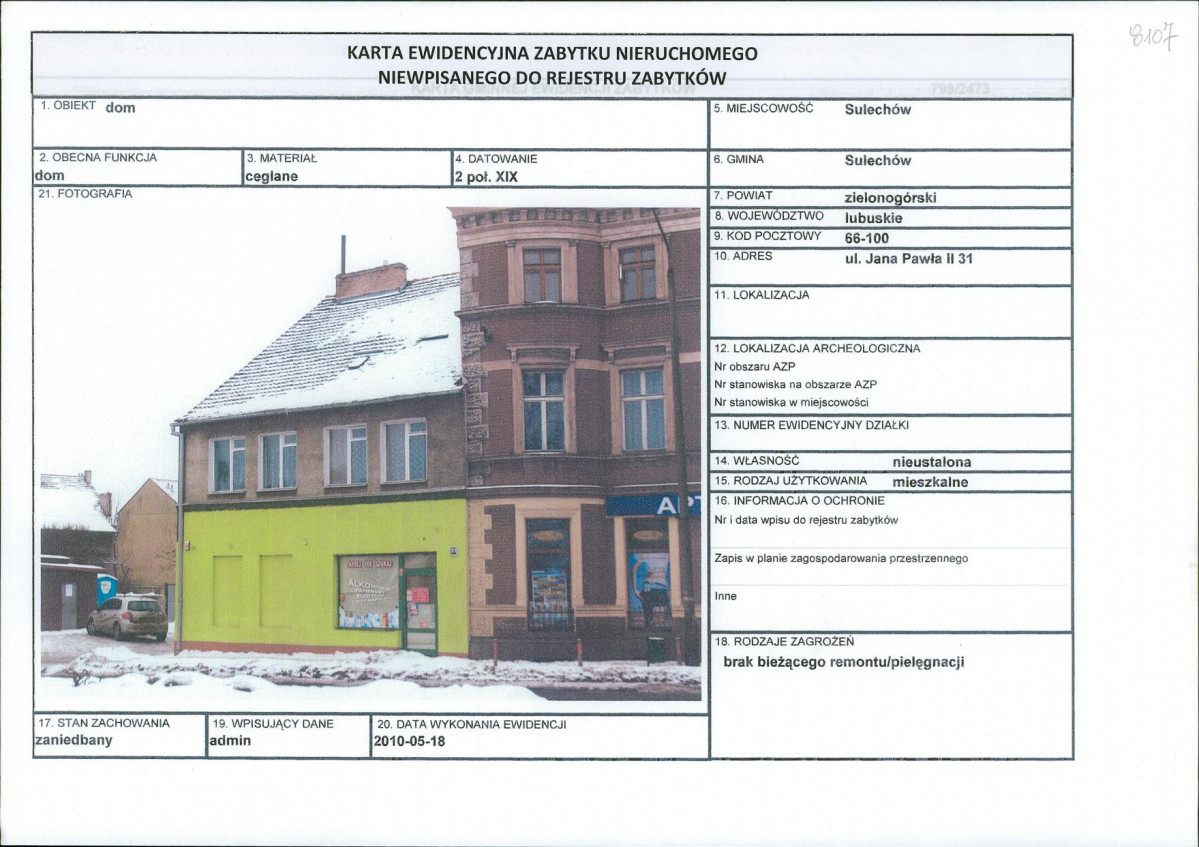Karta obiektu niewpisanego do rejestru, skan nr 1