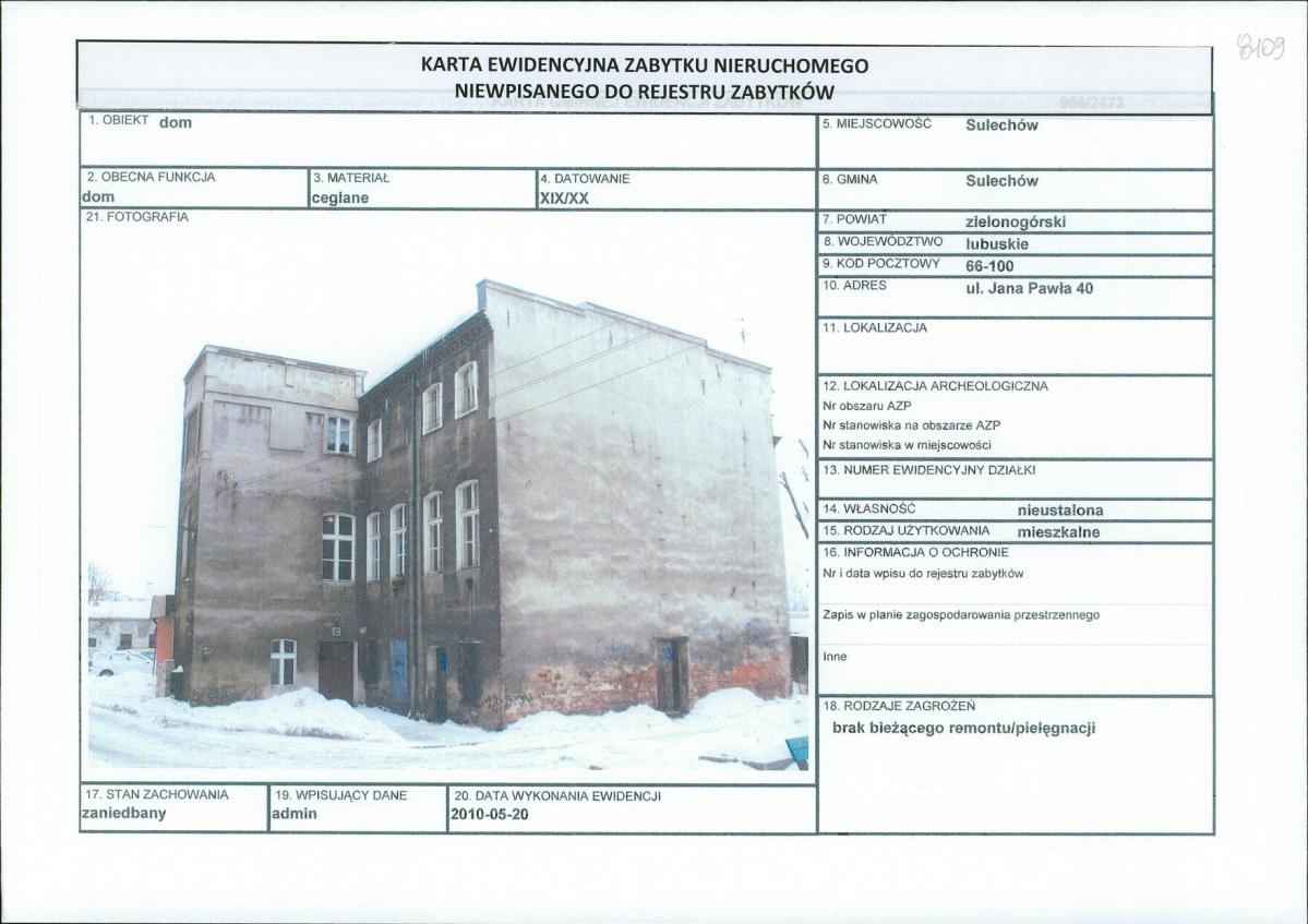 Karta obiektu niewpisanego do rejestru, skan nr 1