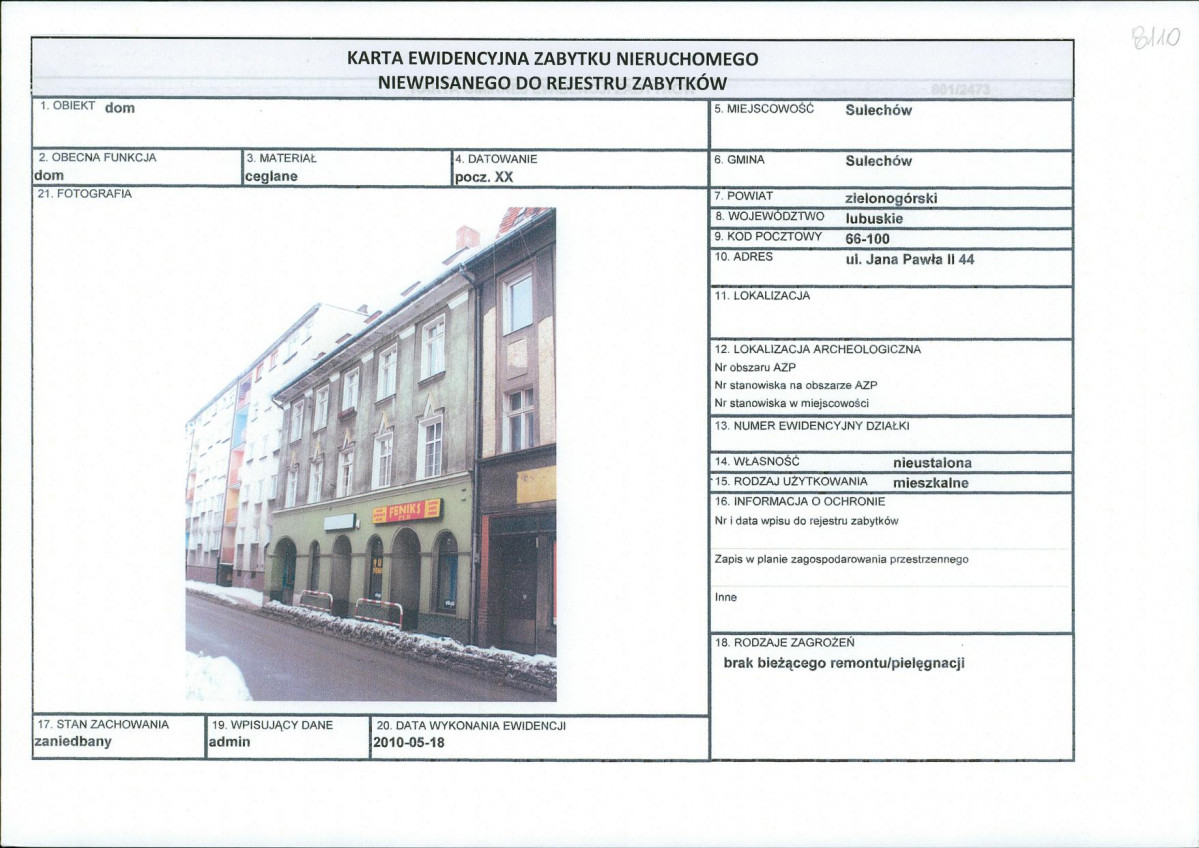 Karta obiektu niewpisanego do rejestru, skan nr 1