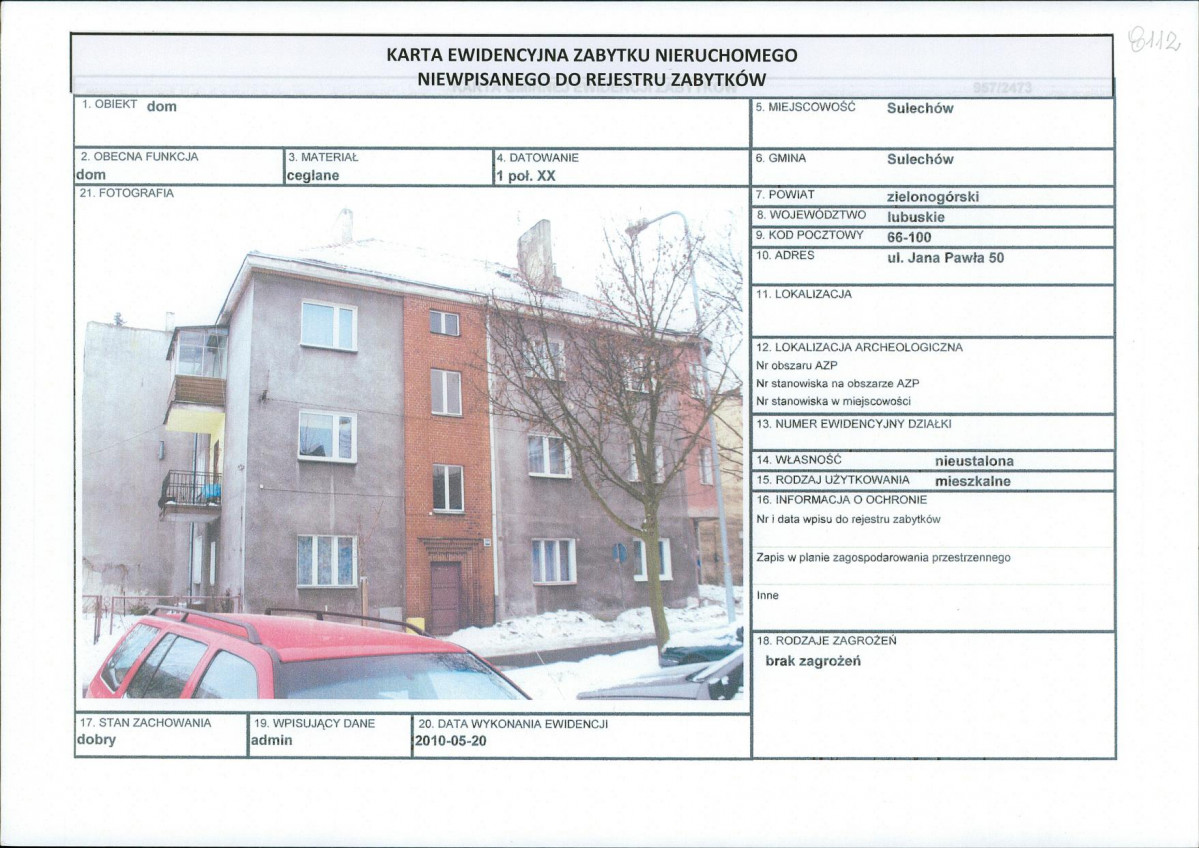 Karta obiektu niewpisanego do rejestru, skan nr 1