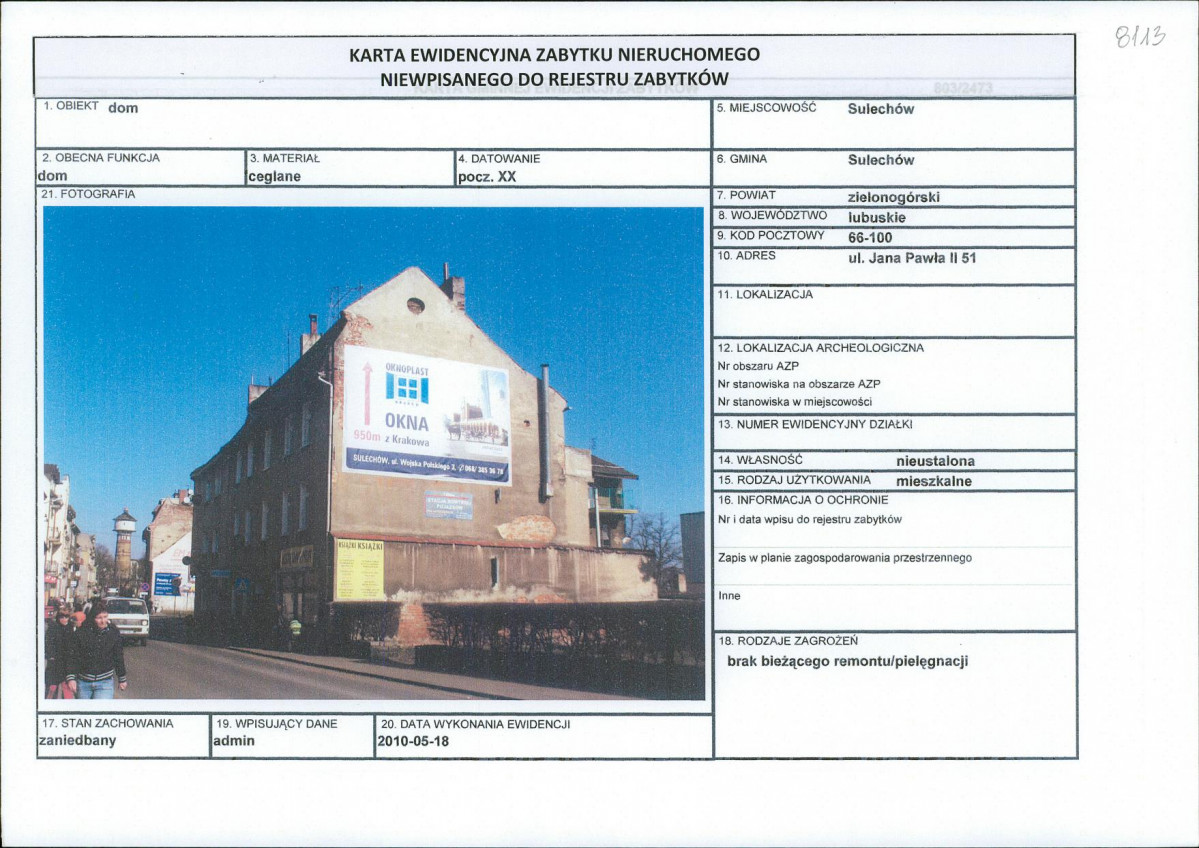 Karta obiektu niewpisanego do rejestru, skan nr 1