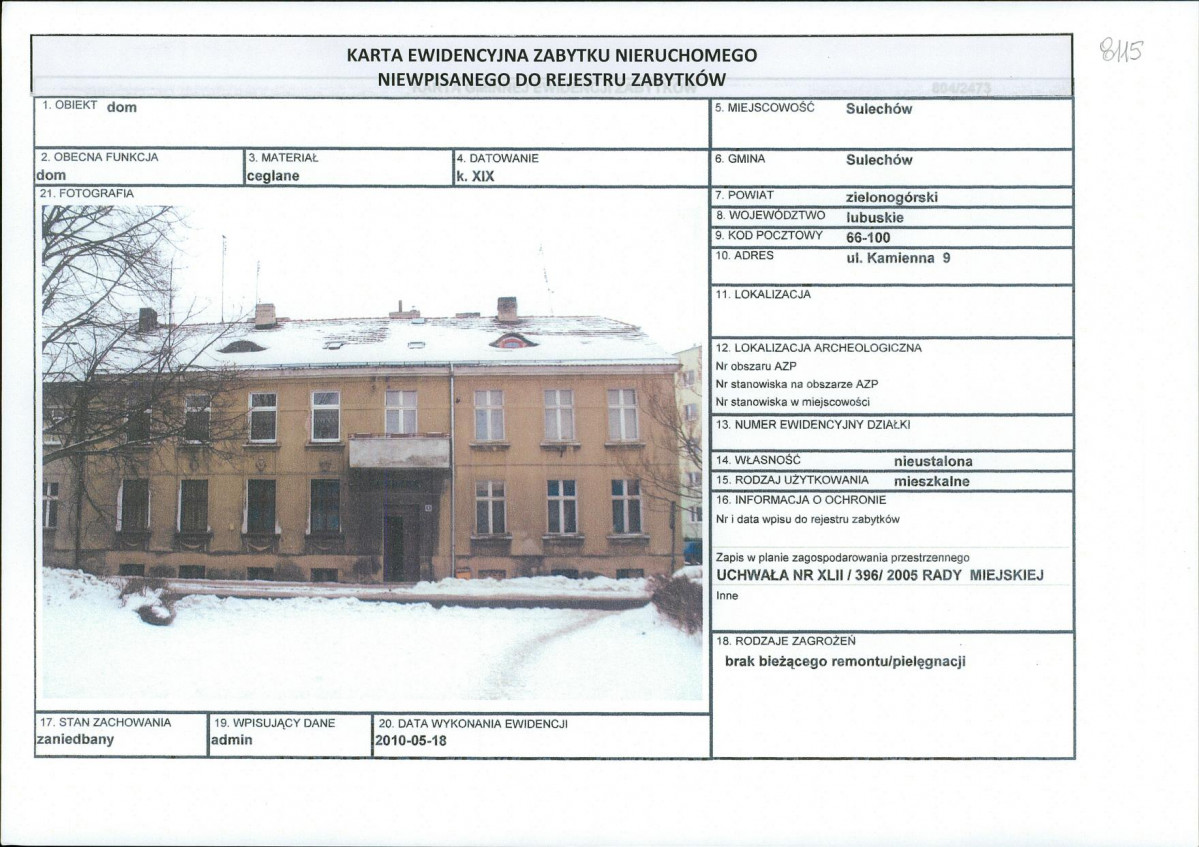 Karta obiektu niewpisanego do rejestru, skan nr 1