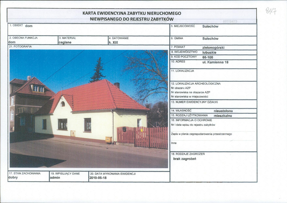 Karta obiektu niewpisanego do rejestru, skan nr 1