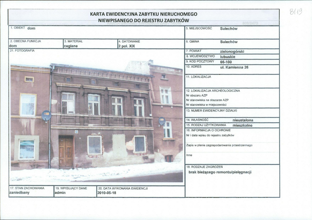 Karta obiektu niewpisanego do rejestru, skan nr 1