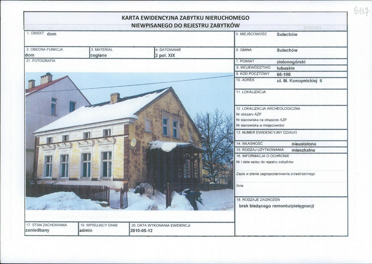 Karta obiektu niewpisanego do rejestru, skan nr 1
