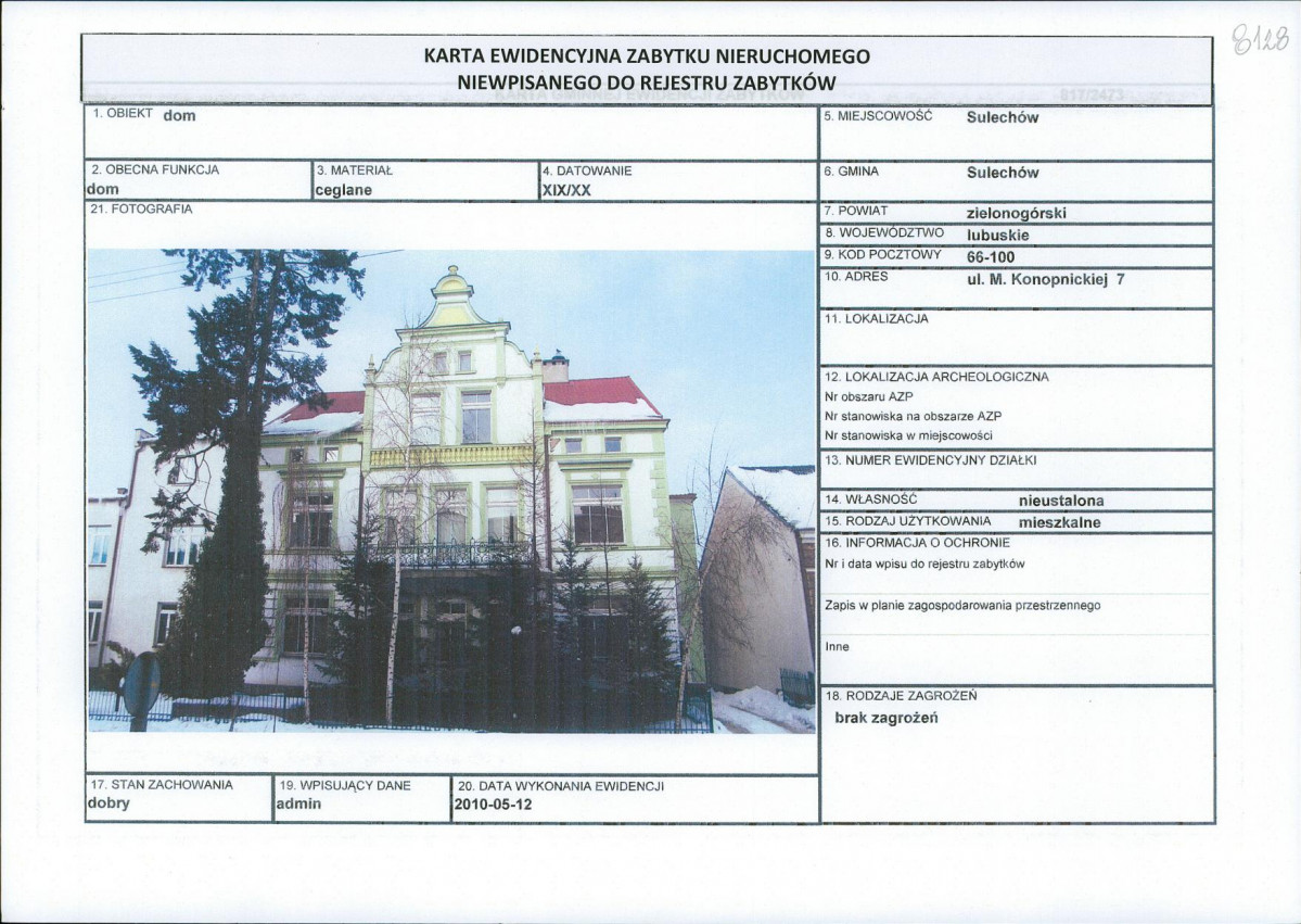 Karta obiektu niewpisanego do rejestru, skan nr 1