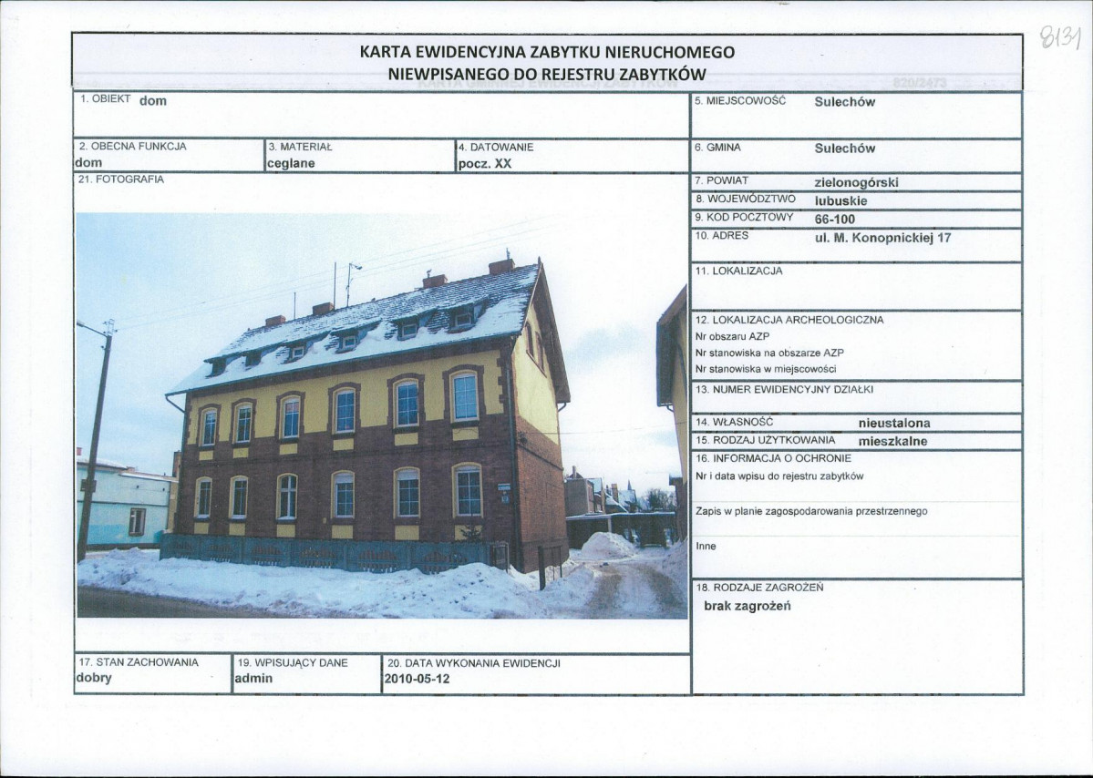 Karta obiektu niewpisanego do rejestru, skan nr 1